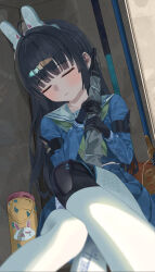  1girl absurdres animal_ears black_gloves black_hair blue_archive blue_serafuku blunt_bangs bolt_action closed_eyes fake_animal_ears gloves green_neckerchief gun highres holding holding_gun holding_weapon kirei0518 long_hair miyu_(blue_archive) mosin-nagant neckerchief pantyhose rabbit_ears rifle sailor_collar school_uniform serafuku sleeping solo weapon white_pantyhose white_sailor_collar 