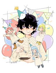  absurdres agott_arklaum_(tongari_boushi_no_atelier) balloon birthday birthday_cake blue_eyes blue_hair blush boots cake closed_eyes coco_(tongari_boushi_no_atelier) curly_hair dress eating food food_on_face fork full_body green_eyes green_hair happy_birthday hat highres holding holding_fork holding_plate long_hair long_sleeves multiple_girls party party_hat party_popper pink_hair plate purple_hair richeh_(tongari_boushi_no_atelier) shirt shoes short_hair smile tetia_(tongari_boushi_no_atelier) tongari_boushi_no_atelier twintails upper_body violet_eyes youshie 
