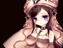  1girl bare_shoulders black_hair breasts facial_tattoo faf5fa hat highres large_breasts long_hair magical_girl mahou_shoujo_ikusei_keikaku mahou_shoujo_ikusei_keikaku_limited multicolored_hair pity_frederica smile solo star_(symbol) star_ornament star_tattoo tattoo very_long_hair 