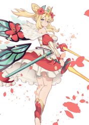  1girl absurdres aqua_eyes bare_shoulders dress dual_wielding fairy_wings flower from_side hair_bun hair_flower hair_ornament highres holding holding_sword holding_weapon koshian_(taiyaki) petals pointy_ears puzzle_&amp;_dragons rosalyn_(p&amp;d) sheath sidelocks skirt solo sword twintails weapon white_background wings 