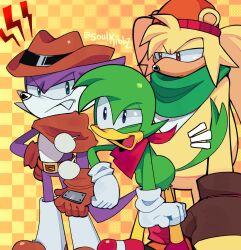  3boys artist_name bark_the_polar_bear bean_the_dynamite beanie bear_boy blank_speech_bubble cowboy_hat duck_boy english_commentary fang fang_the_sniper feathers furry furry_male green_feathers green_scarf hat highres looking_at_another multiple_boys neckerchief open_mouth orange_hat purple_fur red_neckerchief scarf sonic_(series) soulkibbz speech_bubble twitter_username yellow_fur 