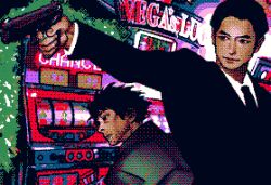  2boys black_hair black_jacket black_necktie casino closed_mouth collared_shirt dithering finger_on_trigger gun hair_slicked_back holding holding_gun holding_weapon jacket male_focus mature_male multiple_boys necktie original shirt slot_machine stuffed_toy suit weapon white_shirt zain 