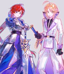  2girls ahoge armor armored_dress artoria_pendragon_(fate) belt black_belt black_corset black_gloves black_shirt blonde_hair blue_bow blue_dress bow braid braided_bun breastplate closed_mouth commentary corset cosplay costume_switch cowboy_shot crossover dress excalibur_(fate/stay_night) fate/stay_night fate_(series) floating_hair full_armor gauntlets gloves green_eyes grey_armor grey_background hair_between_eyes hair_bow hair_bun hand_up hands_up highres holding holding_sword holding_weapon jacket juliet_sleeves long_dress long_hair long_sleeves looking_at_viewer low_ponytail multiple_girls nanfangtaodong open_clothes open_jacket open_mouth pants ponytail puffy_sleeves purple_bow purple_jacket re:zero_kara_hajimeru_isekai_seikatsu red_hair saber_(fate) saber_(fate)_(cosplay) shirt short_hair sidelocks simple_background single_braid standing sword theresia_van_astrea theresia_van_astrea_(cosplay) two-sided_fabric two-sided_jacket very_long_hair violet_eyes weapon white_jacket white_pants 