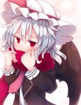  1girl alternate_costume bat_wings beni_shake blue_hair blush bow hat hat_ribbon juliet_sleeves long_sleeves looking_at_viewer mob_cap necktie puffy_sleeves red_bow red_eyes red_ribbon remilia_scarlet ribbon scarf scarf_over_mouth school_uniform short_hair silver_hair solo touhou wings 