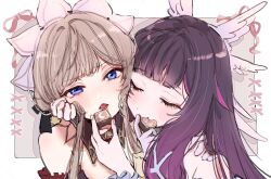  2girls absurdres bonnet candy chocolate closed_eyes columbina_(genshin_impact) commentary_request detached_collar food genshin_impact hair_ornament head_wings headdress heart heart-shaped_chocolate heart-shaped_food highres multicolored_hair multiple_girls multiple_wings otanpopo1208 purple_streaks sandrone_(genshin_impact) short_hair_with_long_locks streaked_hair white_headdress white_wings wing_hair_ornament wings yuri 