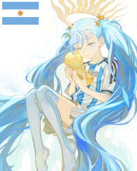  2026_fifa_world_cup aqua_eyes aqua_hair argentina argentinian_flag fifa_world_cup_trophy hair_ornament half-closed_eyes hatsune_miku holding holding_trophy long_hair original pink_nails shirt skirt smile soccer soccer_shirt soccer_uniform sportswear star_(symbol) star_hair_ornament trophy twintails white_shirt world_cup yugen99 
