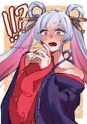  1girl absurdres blush cho_kaguya-hime! commentary_request hair_ornament hair_rings hair_stick highres imudegozaimasu japanese_clothes kimono nail_polish off_shoulder open_mouth pink_eyes pink_hair purple_kimono purple_nails runami_yachiyo runami_yachiyo_(tsukuyomi) shoulder_blush solo twintails upper_body white_hair 