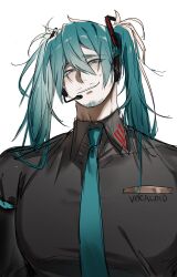  1boy absurdres aqua_eyes aqua_hair aqua_necktie beard_stubble black_shirt collared_shirt facial_hair genderswap genderswap_(ftm) hatsune_miku headset highres kuro_tama01 long_hair looking_at_viewer male_focus mature_male miku-oji necktie nervous_smile parted_lips pectorals raised_inner_eyebrows shirt simple_background smile solo stubble sweatdrop twintails upper_body vocaloid white_background 