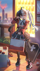  1girl absurdres bag black_hair black_pantyhose black_shoes black_skirt black_tail coffin demon_girl demon_tail food fruit hair_ornament hat heart heart_hair_ornament highres holding holding_bag jacket lacrimosa_(nte) looking_at_viewer luna_amrous multicolored_hair neverness_to_everness one_eye_closed pantyhose red_eyes red_jacket red_streaks shirt shoes skirt split-color_hair streaked_hair tail tomato twintails two-tone_hair white_bag white_hat white_shirt x_hair_ornament 