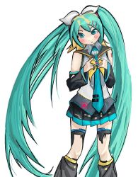  1girl aqua_hair aqua_necktie blonde_hair blue_eyes bow commentary english_commentary fusion goblinman00 hair_bow hair_ornament hairclip hatsune_miku heart heart_hands highres kagamine_rin multicolored_hair neckerchief necktie parallel_hairclips simple_background solo spiral thigh-highs torn_clothes torn_thighhighs twintails two-tone_hair vocaloid white_background white_bow yellow_neckerchief 