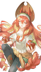  1girl :d ;d absurdres animal_ears apple arknights black_pants blonde_hair boots brown_boots brown_hat commentary english_commentary fingernails flower food fruit green_hairband hair_flower hair_ornament hairband hat highres holding holding_food holding_fruit knee_boots knee_up long_hair looking_at_viewer multicolored_hair nail_polish narantuya_(arknights) narantuya_(honesty_and_sincerity)_(arknights) official_alternate_costume one_eye_closed open_mouth pants red_eyes red_hair shirt simple_background sitting smile solo teeth two-tone_hair upper_teeth_only very_long_hair white_background white_flower white_hairband white_shirt yellow_nails yinhepongpong 