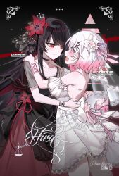  2girls alternate_costume artist_collaboration back bare_back bare_shoulders black_dress black_hair capelet character_name closed_mouth collarbone crown dress flower gradient_hair hair_flower hair_ornament hair_ribbon highres layered_dress long_hair looking_at_another mahou_shoujo_no_majo_saiban mini_crown multicolored_hair multiple_girls nikaido_hiro off-shoulder_dress off_shoulder open_mouth pink_eyes pink_hair pinkisangel red_eyes red_flower ribbon sakuraba_ema see-through_capelet see-through_clothes short_hair side_capelet sleeveless sleeveless_dress smile teeth upper_teeth_only white_dress white_hair wrist_ribbon yonnzzyudayo yuri 