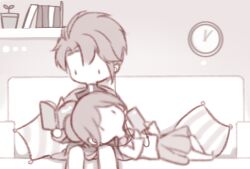 1boy 1girl aeon_(shining_nikki) analog_clock bare_legs barefoot book cellphone chibi chinese_commentary clock coat collared_shirt commentary_request couch downturned_eyes earphones earphones feet_out_of_frame greyscale hair_bun hetero holding holding_book holding_phone hood hood_down hooded_coat indoors interruption_(echo-023) knee_up lap_pillow listening_to_music living_room long_sleeves lying messy_hair miniskirt monochrome nikki_(nikki) nikki_(series) no_mouth on_back on_couch open_book open_clothes open_coat parted_bangs phone pillow plant pleated_skirt potted_plant reading shared_earphones shelf shining_nikki shirt short_hair sidelocks single_hair_bun sitting skirt smartphone solid_oval_eyes sprout turtleneck turtleneck_shirt zipper 
