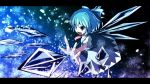  1girl blue_eyes blue_hair bow cirno dress_shirt hair_bow ice ice_wings letterboxed mankun open_mouth outstretched_arm ribbon shirt short_hair snowflakes solo touhou wings 