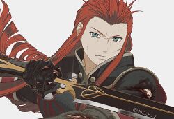  1boy asch_(tales) black_gloves blood blood_on_arm blood_on_clothes blood_on_hand fighting_stance floating_hair gloves green_eyes grey_background hair_slicked_back high_collar highres holding holding_sword holding_weapon injury long_hair looking_at_viewer male_focus meba parted_lips red_hair scratches shoulder_pads sidelocks solo sword tales_of_(series) tales_of_the_abyss torn_clothes twitter_username upper_body weapon 