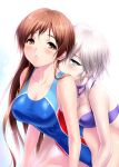  2girls anastasia_(idolmaster) bare_shoulders bikini blue_eyes blush breasts brown_eyes brown_hair cleavage competition_swimsuit earrings idolmaster idolmaster_cinderella_girls idolmaster_cinderella_girls_starlight_stage jewelry long_hair looking_at_viewer multiple_girls nitta_minami one-piece_swimsuit parted_lips short_hair silver_hair swimsuit wet yuri zen 