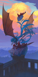  1girl absurdres alternate_hair_length_(longer) back_bow banjie bat_wings blue_hair bow chinese_commentary choker clouds cloudy_sky commentary_request dress evening film_grain fingernails frilled_choker frills highres long_fingernails long_hair missing_headwear mountainous_horizon pink_dress pointy_ears puffy_short_sleeves puffy_sleeves red_bow red_choker red_eyes red_nails remilia_scarlet ribbon-trimmed_dress ribbon_trim sharp_fingernails short_sleeves sitting sky sleeve_bow solo touhou unworn_headwear very_long_hair wings 