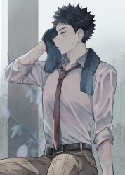  1boy absurdres adam's_apple belt belt_buckle black_belt black_hair blue_eyes brown_pants buckle collared_shirt feet_out_of_frame haikyuu!! hcerealq highres holding holding_towel iwaizumi_hajime male_focus necktie open_collar outdoors pants plaid_clothes plaid_pants profile red_necktie school_uniform shirt short_hair short_sideburns sideburns sitting sleeves_rolled_up solo spiky_hair sweat towel towel_around_neck very_short_hair white_shirt wing_collar wiping_face 