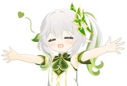  1girl =_= bare_shoulders blush closed_eyes commentary_request detached_sleeves genshin_impact gold_trim green_hair green_sleeves hair_ornament heart highres leaf_hair_ornament multicolored_hair nahida_(genshin_impact) nana5863390 open_mouth outstretched_arms pointy_ears simple_background sleeveless solo upper_body white_background white_hair 
