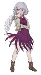  1girl blush boots bow bowtie dress fingernails full_body hand_on_own_face kishin_sagume long_sleeves looking_at_viewer purple_dress red_eyes short_hair silver_hair simple_background single_wing solo sweatdrop tojo_(strit2p) touhou vest white_background wings 