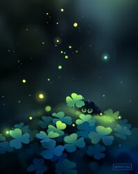  apofiss black_cat blurry bokeh cat clover commentary curious depth_of_field fireflies fluffy green_eyes nature no_humans original shamrock stalking woodsorrel 