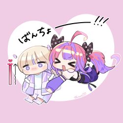  >_< 2girls ahoge black_ribbon blush chibi chibi_only closed_eyes commentary_request detached_sleeves hair_intakes hair_ribbon heart highres hololive hololive_dev_is imminent_hug jacket kikirara_vivi kikirara_vivi_(1st_costume) long_hair long_sleeves multicolored_hair multiple_girls open_mouth pants pink_hair purple_hair purple_jacket purple_pants purple_shoes purple_shorts purple_sleeves ribbon shino_s00 shirt shoes shorts signature simple_background smile sparkle_print todoroki_hajime todoroki_hajime_(1st_costume) translation_request twintails two-tone_hair violet_eyes virtual_youtuber white_shirt white_shorts 