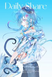  1boy 255ten absurdres arknights blue_background blue_hair blue_hat blue_jacket blue_pants chinese_commentary commentary_request commission cowboy_shot flower flower_necklace flower_wreath hat highres holding holding_umbrella infection_monitor_(arknights) jacket jellyfish_hair_ornament long_hair looking_at_viewer male_focus mizuki_(arknights) mizuki_(summer_feast)_(arknights) official_alternate_costume open_mouth pants pink_eyes see-through_clothes see-through_jacket shirt smile solo standing tentacles umbrella white_shirt 