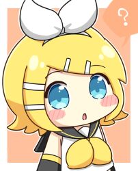  1girl :o ? blonde_hair blue_eyes blush_stickers border bow_hairband chibi chibi_only commentary_request hair_ornament hairband hairclip kagamine_rin neckerchief nukotun open_mouth orange_background outline outside_border parallel_hairclips short_hair simple_background solo spoken_question_mark upper_body vocaloid white_border white_hairband white_outline yellow_neckerchief 