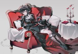  1girl absurdres arknights ascot black_dress black_hair black_shoes black_socks candlestand chinese_commentary commentary_request couch cup dress drinking_glass entelechia_(arknights) flower full_body gloves grey_background hair_between_eyes hair_horns hand_on_own_cheek hand_on_own_face highres holding holding_cup juliet_sleeves long_sleeves looking_at_viewer mole mole_under_eye on_couch pillow pointy_ears puffy_sleeves red_eyes red_gloves rose sanye308 shoes short_dress short_hair sitting smile socks solo table white_ascot wine_glass 