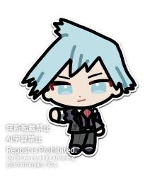  1boy blue_eyes blue_hair chibi chibi_only closed_mouth eneko_(olavcnkrpucl16a) full_body highres jacket long_sleeves looking_at_viewer male_focus necktie open_clothes open_jacket outline pants pokemon pokemon_omega_ruby_and_alpha_sapphire red_necktie shoes short_hair smile solo steven_stone twitter_username vest watermark 