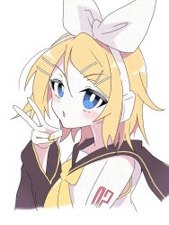  1girl asuta_(pixiv_40186035) bare_shoulders blonde_hair blue_eyes bow bright_pupils brown_sailor_collar brown_sleeves commentary detached_sleeves hair_bow hair_ornament hairclip headphones headset highres kagamine_rin light_blush looking_at_viewer neckerchief number_tattoo open_mouth pale_skin parallel_hairclips sailor_collar shirt short_hair sleeveless sleeveless_shirt solo tattoo tsurime v vocaloid white_bow white_pupils wide_sleeves yellow_nails yellow_neckerchief yellow_trim 