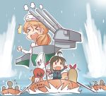  &gt;_&lt; 4girls 90mm_single_high-angle_gun_mount ahoge blush_stickers boat brown_hair closed_eyes commentary_request fairy_(kantai_collection) ido_(teketeke) inflatable_raft kantai_collection littorio_(kantai_collection) long_hair machinery multiple_girls oto_152mm_triple_rapid_fire_gun_mount pleated_skirt skirt sweat translation_request turret watercraft 