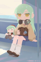  1girl absurdres animalization bag bag_on_lap bang_dream! bang_dream!_it's_mygo!!!!! blue_skirt brown_bag brown_shoes character_doll commentary_request doll hair_ornament hairclip headphones headphones_around_neck highres kekego long_hair parted_bangs shirt shoes shoulder_bag sitting skirt socks sticker sweater togawa_sakiko train_interior unworn_bag wakaba_mutsumi wakaba_mutsumi_(doll) white_shirt white_socks yellow_eyes yellow_sweater 