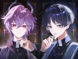  2boys absurdres alternate_costume bishounen black_hair black_horns black_robe black_sleeves blue_eyes blue_pupils blunt_ends cassock chain chain_necklace character_name choppy_bangs clerical_collar closed_mouth colored_eyelashes colored_inner_hair commentary cross cross_necklace crossed_bangs curtained_hair dragon_horns durin_(genshin_impact) earrings eyelashes facial_mark fingernails forehead_mark genshin_impact glint hair_between_eyes hair_intakes halo halo_behind_head hand_up highres holding holding_cross horns jewelry layered_sleeves long_sleeves looking_at_viewer multicolored_hair multiple_boys necklace open_mouth pink_pupils portrait priest purple_hair purple_horns red_eyes ringed_eyes robe scaramouche_(genshin_impact) silver_necklace sohan_(sohan_416) spiked_halo split_screen stole two-sided_horns white_halo white_trim 