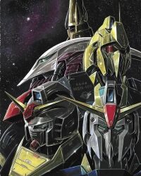  1980s_(style) aeug cable glint green_eyes gundam gundam_mk_ii hyaku_shiki magazine_scan mecha mecha_focus mobile_suit nebula neo_zeon no_humans official_art one-eyed_mecha ookawara_kunio painting_(medium) poster_(medium) promotional_art qubeley radio_antenna realistic red_eyes retro_artstyle robot roundel scan science_fiction space star_(sky) the_o_(mobile_suit) titans_(gundam) traditional_media v-fin zeta_gundam zeta_gundam_(mobile_suit) 