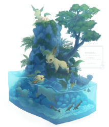  arrokuda barboach brown_eyes cramorant highres leafeon looking_at_another morelull moss no_humans paro_(sorageshiki) pokemon pokemon_(creature) rock rowlet simple_background swimming tree water waterfall watermark white_background 