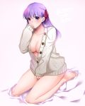  1girl aran_sweater bare_legs barefoot between_legs bottomless breasts cardigan cleavage fate/stay_night fate_(series) hair_ribbon hand_between_legs hand_to_own_mouth highres long_hair matou_sakura naked_sweater purple_hair ribbon sitting solo sweater wariza ycco_(estrella) 
