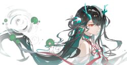  1girl absurdres arknights bare_shoulders black_hair chinese_clothes closed_mouth colored_inner_hair dragon_girl dragon_horns dusk_(arknights) dusk_(hazy_jade)_(arknights) earrings eastern_dragon_horns green_hair green_horns hair_over_one_eye hair_rings highres horns jewelry jiu_yi_wu lily_pad long_hair multicolored_hair official_alternate_costume pointy_ears red_eyes red_ribbon ribbon ripples solo upper_body white_background 