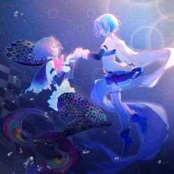  2girls absurdres air_bubble arm_strap armor artist_collaboration bcarr116 blue_boots blue_cape blue_eyes blue_hair blue_skirt blue_sleeves boots bow bowtie breastplate bubble cape closed_mouth commentary_request detached_sleeves dual_persona eye_contact fins frills full_body gloves gold_trim highres holding_hands light_smile long_sleeves looking_at_another magical_girl mahou_shoujo_madoka_magica mahou_shoujo_madoka_magica_(anime) medici_collar merfolk mermaid miki_sayaka miki_sayaka_(magical_girl) monster_girl multiple_girls noria_hpna oktavia_von_seckendorff pink_bow pink_bowtie pleated_skirt shirt short_hair sidelighting skirt strapless strapless_shirt thigh-highs underwater white_cape white_gloves white_shirt white_thighhighs 
