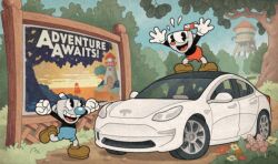  1930s_(style) 2boys anachronism brown_shoes car clenched_hands commentary cuphead cuphead_(game) drinking_straw english_commentary english_text flower gloves lance_inkwell looking_at_viewer motor_vehicle mugman multiple_boys official_art outdoors shoes smile tesla_(company) tesla_model_3 tree water_tank white_gloves 