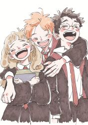  1girl 2boys blush_stickers brown_hair child closed_eyes commentary_request glasses harry_potter harry_potter_(series) hermione_granger hogwarts_school_uniform laughing maru_(hardrock5150) multiple_boys necktie open_mouth orange_hair red_necktie ron_weasley scar school_uniform wizarding_world 