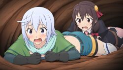  2girls ass belt black_belt black_dress black_gloves black_shirt blue_scarf blush boots bow braid brown_belt brown_boots brown_gloves brown_hair capelet chris_(konosuba) cleavage_cutout clenched_hands clothing_cutout cowboy_shot crop_top crown_braid denim denim_shorts dress elbow_gloves embarrassed game_asset gloves green_capelet grey_hair hair_bow highres kono_subarashii_sekai_ni_shukufuku_wo! kono_subarashii_sekai_ni_shukufuku_wo!_kono_yokubukai_game_ni_shinpan_o! long_hair long_sleeves looking_ahead low_twintails lying multiple_girls necktie non-web_source official_art on_stomach open_mouth pink_necktie puffy_long_sleeves puffy_sleeves raised_inner_eyebrows red_bow red_eyes scar scar_on_cheek scar_on_face scarf self-datamine shirt short_hair short_shorts shorts side_ahoge thigh-highs twintails underground violet_eyes wavy_mouth white_thighhighs yunyun_(konosuba) 