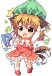  !? /\/\/\ 1girl animal_ears brown_eyes brown_hair cat_ears cat_tail chen dress fang green_hat hat jewelry long_sleeves mob_cap multiple_tails nekomata open_mouth pila-pela red_dress single_earring solo tail touhou two_tails 