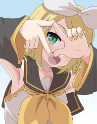  1girl :d armpits black_sailor_collar blonde_hair blue_background blush bow bow_hairband collarbone commentary_request detached_sleeves gokaku180 gradient_background green_eyes hair_ornament hairband hairclip hands_up headset highres kagamine_rin looking_at_viewer medium_hair nail_polish neckerchief open_mouth parted_bangs sailor_collar shirt sidelocks simple_background sleeveless sleeveless_shirt smile solo upper_body vocaloid white_background white_bow white_hairband white_shirt yellow_nails yellow_neckerchief 