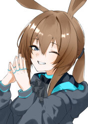  1girl :d ;d amiya_(arknights) animal_ears arknights black_eyes black_jacket brown_hair commentary_request fingernails grin hair_between_eyes hair_tie hood hood_down hooded_jacket jacket jewelry long_hair long_sleeves looking_at_viewer multiple_rings one_eye_closed own_hands_together ponytail ring sidelocks simple_background smile solo steepled_fingers upper_body white_background z_(knkr1025) 