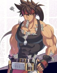  1boy averting_eyes banknote belt belt_buckle black_belt black_gloves black_tank_top brown_hair buckle commentary_request fingerless_gloves gloves guilty_gear guilty_gear_strive hair_between_eyes hand_on_own_hip headband long_hair looking_down male_focus money money_in_mouth muscular muscular_male ponytail sol_badguy solo spiky_hair squiggle tank_top tometo_pot tucked_money veins veiny_arms 