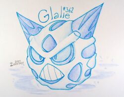  artist_name blue_theme commentary dated english_commentary full_body glalie horns monochrome no_humans pokedex_number pokemon pokemon_(creature) pokemon_focus solo teeth traditional_media v-shaped_eyes white_background zerokirbyarts 