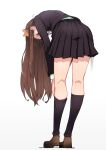  1girl adjusting_sock alternate_costume bent_over black_legwear brown_hair hair_ribbon highres kneepits long_hair puyo ribbon school_uniform shoes solo suzumiya_haruhi suzumiya_haruhi_no_shoushitsu suzumiya_haruhi_no_yuuutsu thigh-highs very_long_hair 