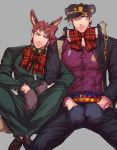  2boys animal_ears annoyed bear_ears black_hair chains gakuran gloves hat interlocked_arms jojo_no_kimyou_na_bouken kakyouin_noriaki kuujou_joutarou male_focus multiple_boys paw_gloves plaid price_tag rabbit_ears redhead ribbon saiouga-uma school_uniform sitting smile star yellow_eyes 