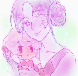  1girl animification character_doll colored_skin cracked_skin doll eyelashes gem_(steven_universe) hair_bun karinnemarianne lips pink_diamond_(steven_universe) pink_eyes pink_hair pink_pearl_(steven_universe) pink_skin smile solo sparkle steven_universe steven_universe_future upper_body 